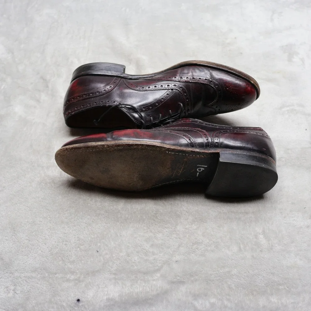 Johnston & Murphy Mens 9D Oxford Shoes Wine Leather Brogue Wingtip Dress 15-1133
